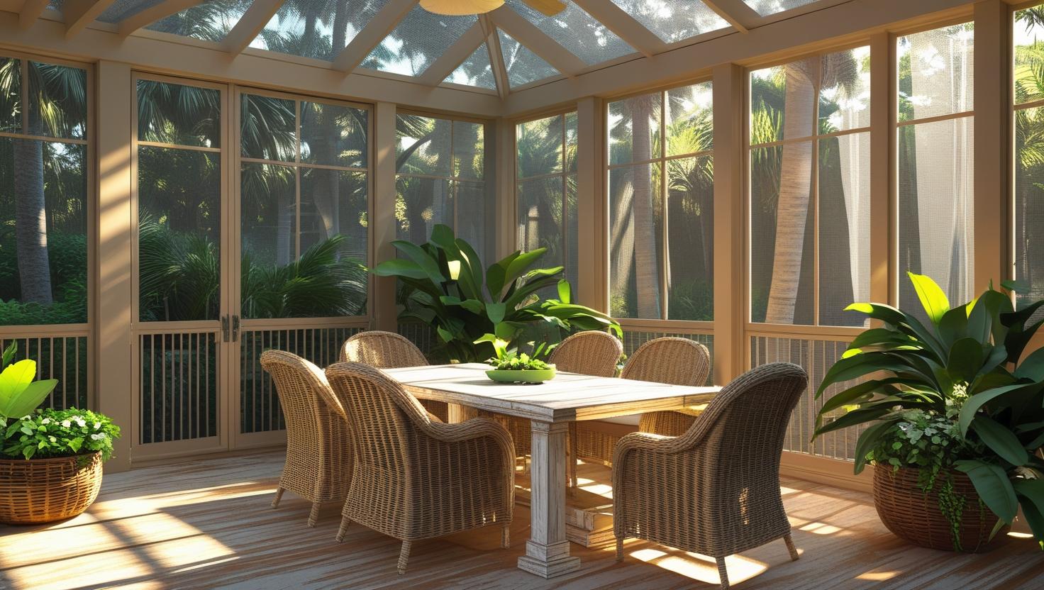 Lanai used for outdoor dining with screen enclosure
