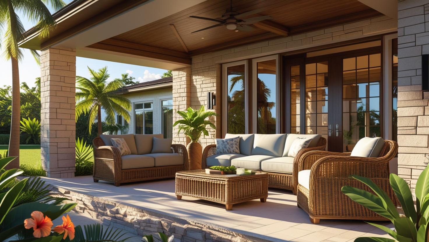 Covered lanai with wicker furniture