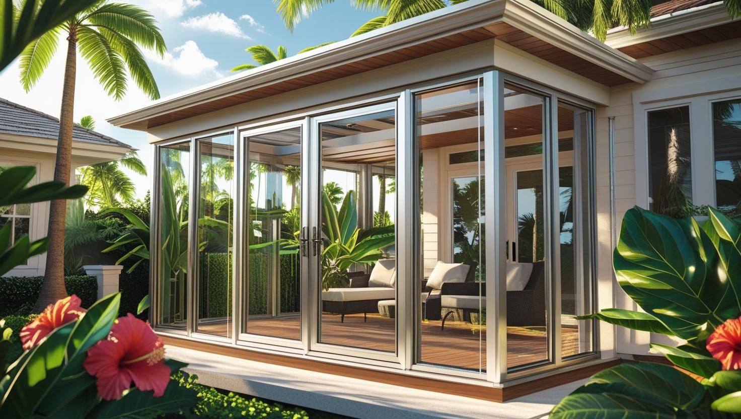 Glass lanai enclosure with panoramic view of garden