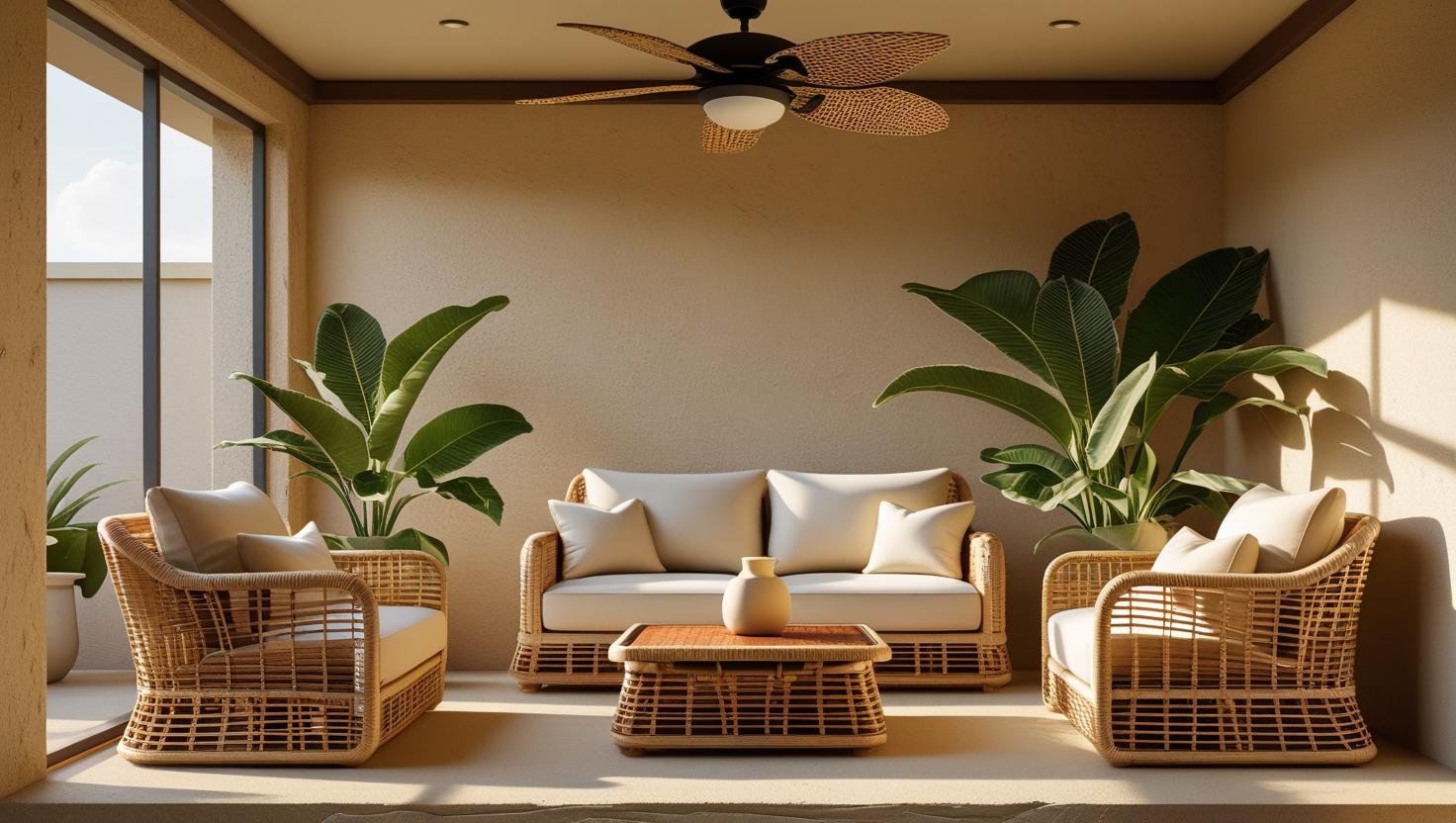 Stylish lanai furnishing with rattan furniture and fan