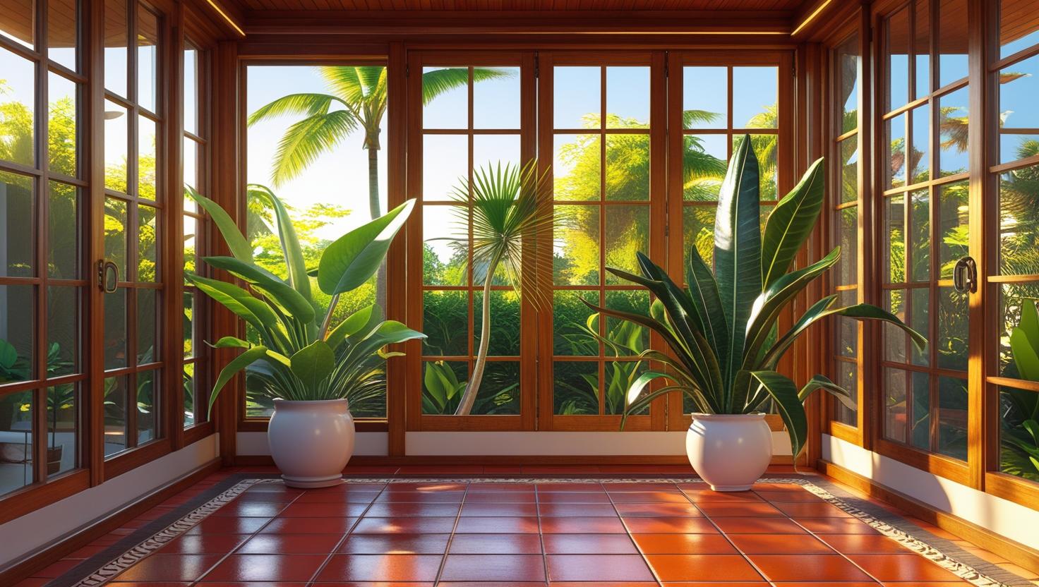 Interior view of enclosed lanai with large glass windows