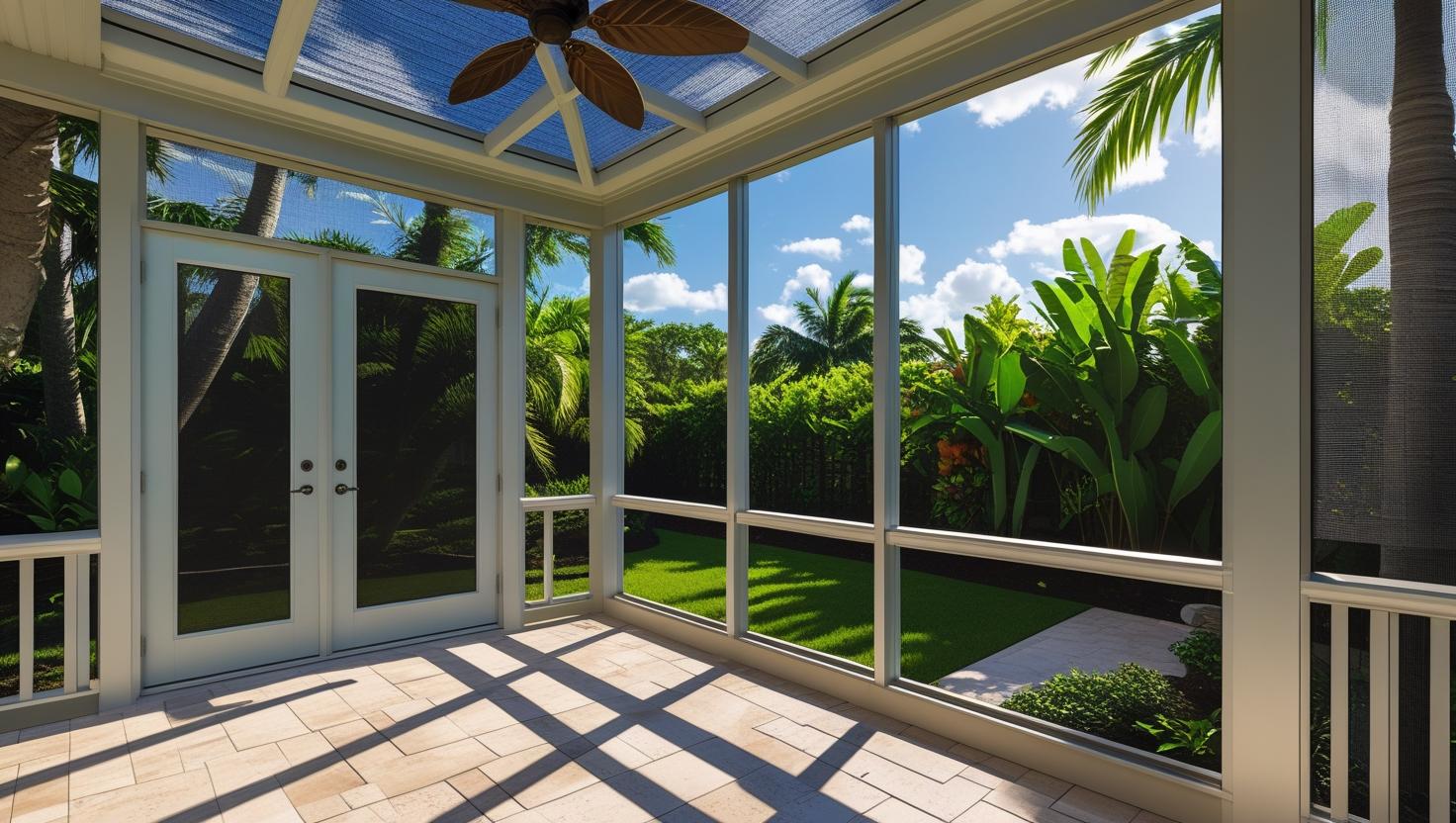 Lanai patio with screened pool enclosure and garden