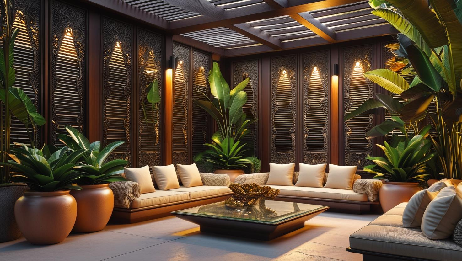 Modern lanai with privacy screens and lush plants