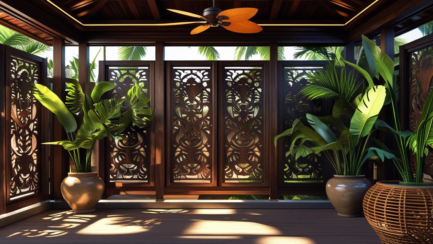 Lanai enclosure with privacy screen and ceiling fan