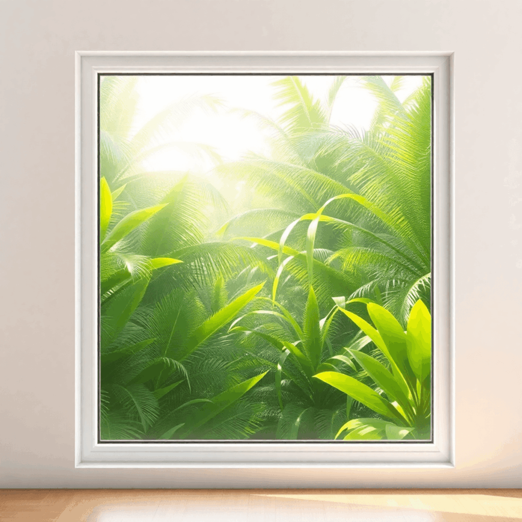 A sleek acrylic window revealing a vibrant tropical landscape with lush greenery and soft sunlight filtering through humid air.
