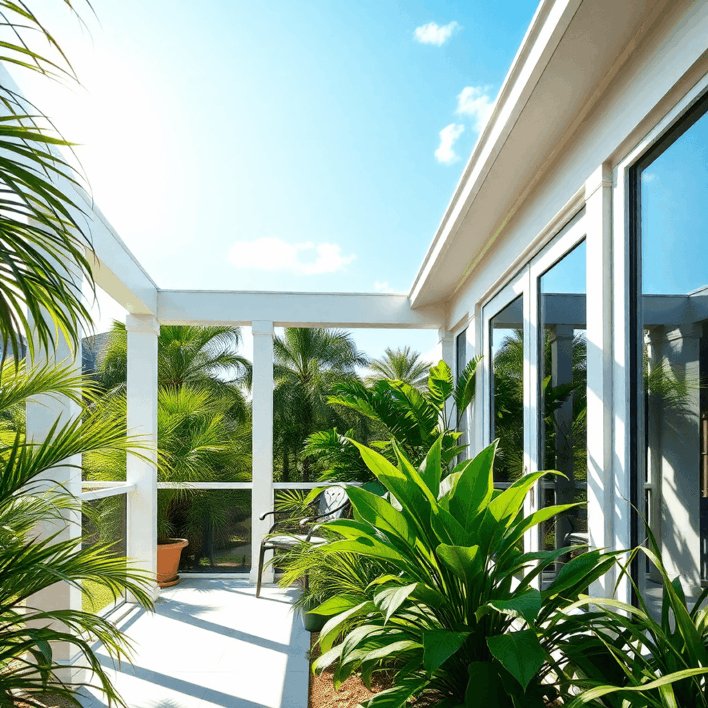 Bright lanai with aluminum frame and glass doors, surrounded by tropical plants under a clear blue sky, showcasing sturdy hurricane protection and ...