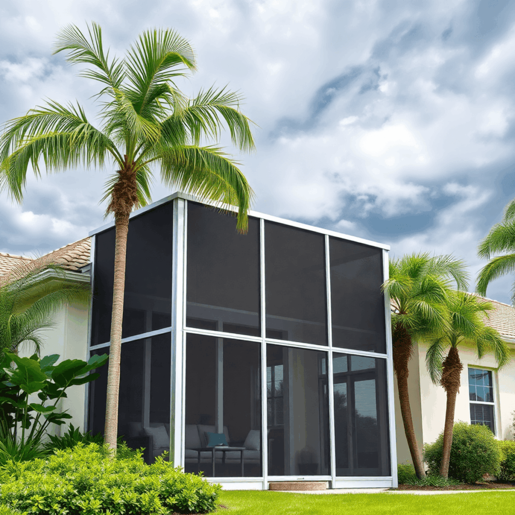 Modern aluminum screen enclosure on a sunny home, surrounded by lush greenery and palm trees, with a stormy sky symbolizing approaching hurricane w...