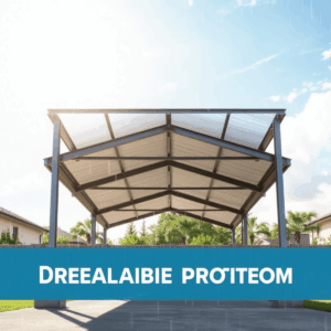 Modern steel carport with reinforced beams and concrete foundation under a sunny sky, featuring rain droplets and sunlight to symbolize durability ...